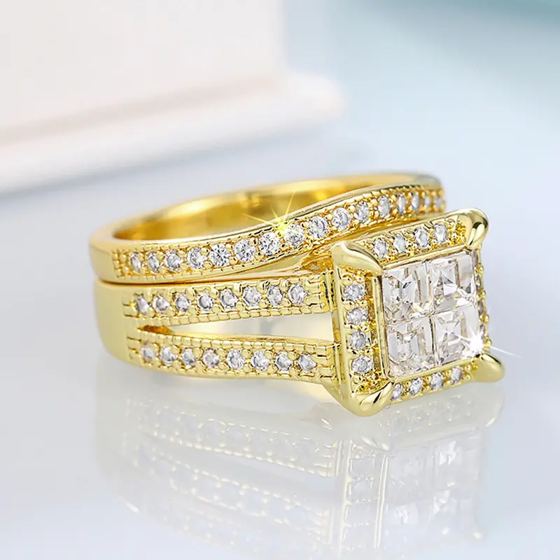 Huitan 2Pcs Set Gold Color Princess CZ Rings for Women Wedding Engagement Party Modern Fashionable Female Jewelry Drop Shipping