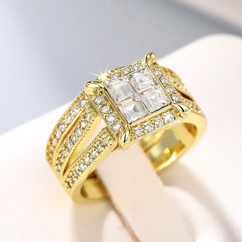 Huitan 2Pcs Set Gold Color Princess CZ Rings for Women Wedding Engagement Party Modern Fashionable Female Jewelry Drop Shipping