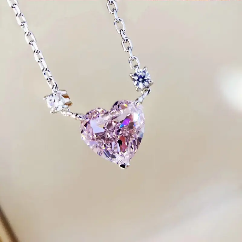 Huitan Chic Crystal/Pink/Yellow Heart CZ Necklace for Women Simple Stylish Girls Accessories Party Daily Wear Statement Jewelry