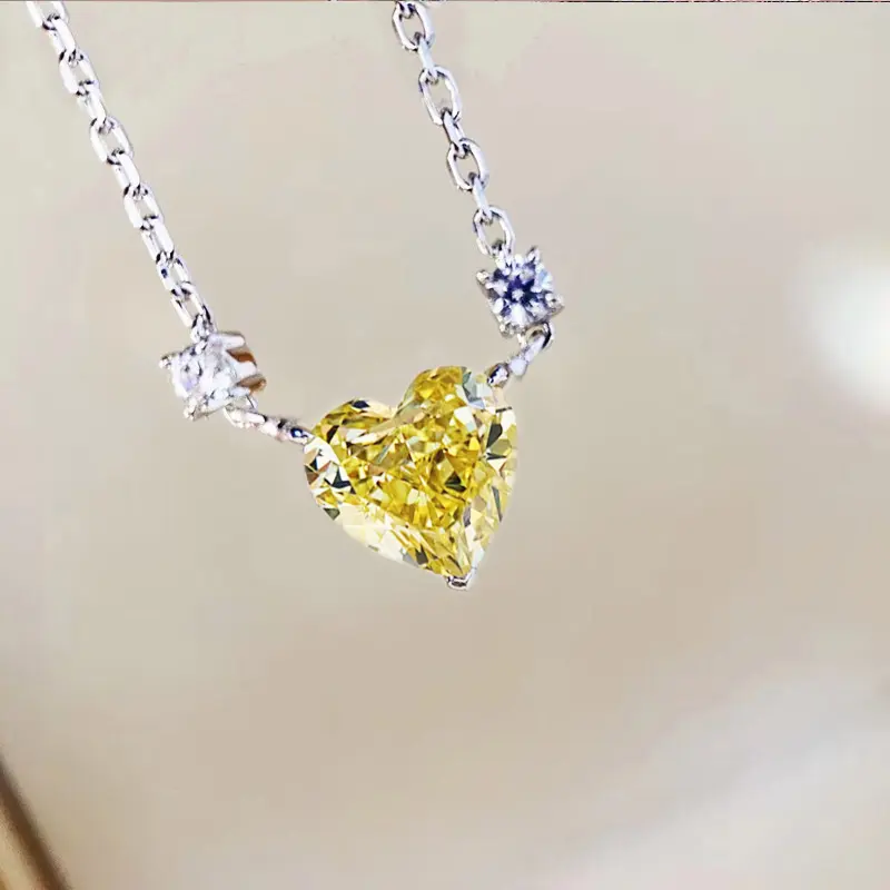 Huitan Chic Crystal/Pink/Yellow Heart CZ Necklace for Women Simple Stylish Girls Accessories Party Daily Wear Statement Jewelry