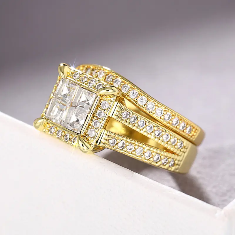 Huitan 2Pcs Set Gold Color Princess CZ Rings for Women Wedding Engagement Party Modern Fashionable Female Jewelry Drop Shipping