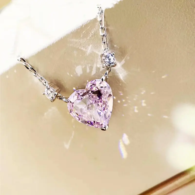 Huitan Chic Crystal/Pink/Yellow Heart CZ Necklace for Women Simple Stylish Girls Accessories Party Daily Wear Statement Jewelry