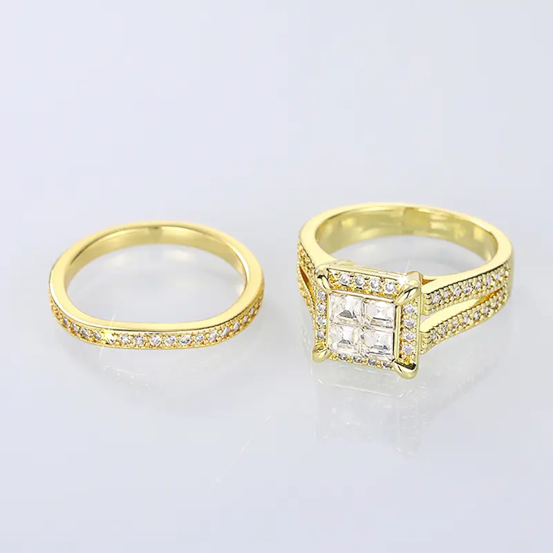 Huitan 2Pcs Set Gold Color Princess CZ Rings for Women Wedding Engagement Party Modern Fashionable Female Jewelry Drop Shipping