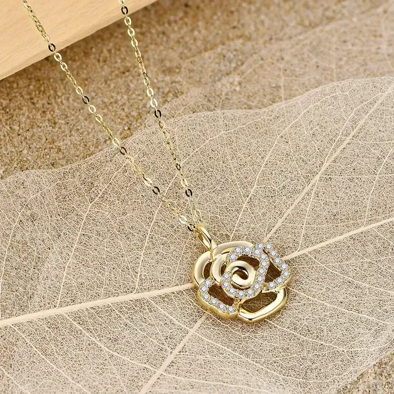 Huitan Delicate Gold Color Flower Pendant Necklace Lady Engagement Ceremony Accessories Shining Zirconia Jewelry for Wedding