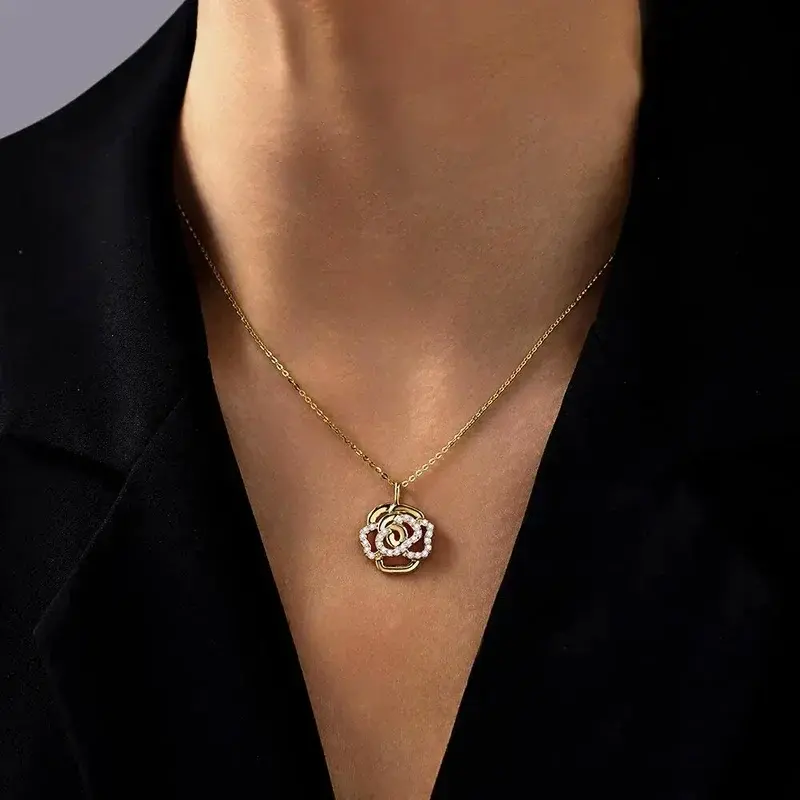 Huitan Delicate Gold Color Flower Pendant Necklace Lady Engagement Ceremony Accessories Shining Zirconia Jewelry for Wedding