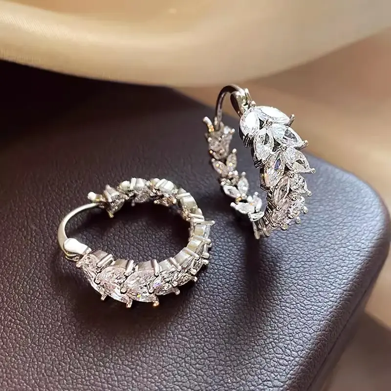 Huitan Hot Trendy Leaf Design Hoop Earrings for Women Marquise Cubic Zirconia Modern Fashionable Female Earrings 2025 Jewelry