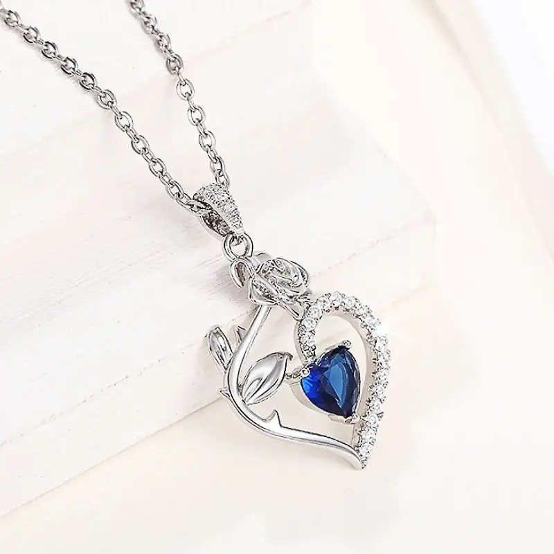 Huitan Charming Heart Blue Zirconia Necklace Female Engagement Jewelry Delicate Flower Rose Pendant Accessories for Wedding