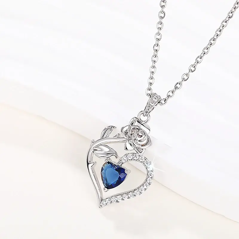 Huitan Charming Heart Blue Zirconia Necklace Female Engagement Jewelry Delicate Flower Rose Pendant Accessories for Wedding