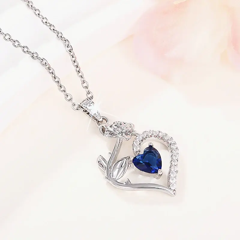 Huitan Charming Heart Blue Zirconia Necklace Female Engagement Jewelry Delicate Flower Rose Pendant Accessories for Wedding