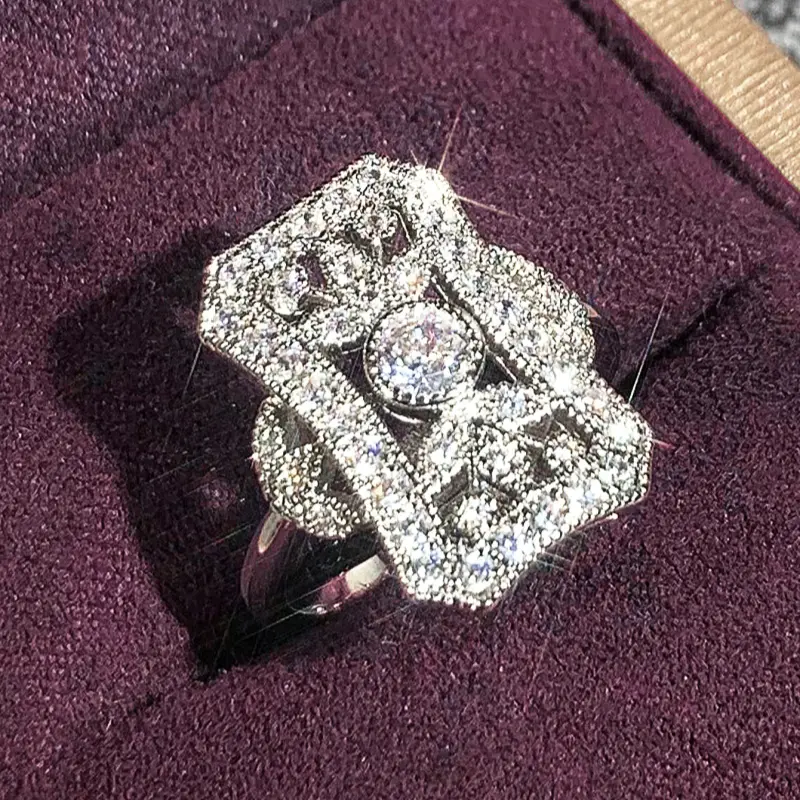 Huitan Geometric  Shaped Cubic Zirconia Rings for Women Modern Fashion Wedding Band Accessories Silver Color Party Jewelry