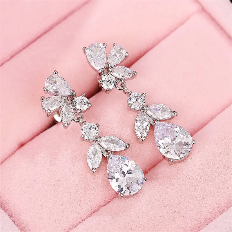 Huitan Silver Color Crystal Earrings for Women Elegant Wedding Engagement Party Lady's Accessories Fancy Gift Statement Jewelry