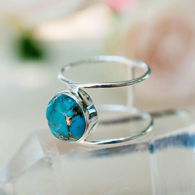 Huitan Boho Style Finger Ring for Women Blue Imitation Turquoise Stone Chic Female Rings Daily Wear Party Statement Jewelry Gift
