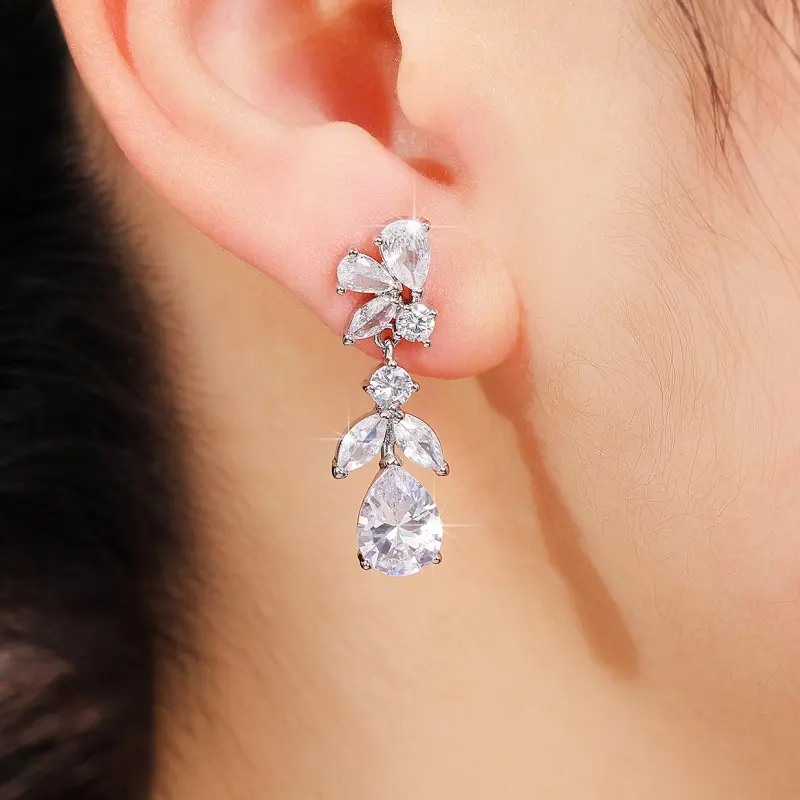 Huitan Silver Color Crystal Earrings for Women Elegant Wedding Engagement Party Lady's Accessories Fancy Gift Statement Jewelry