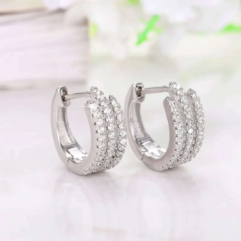 Huitan Exquisite Bridal Wedding Earrings Three Lines Hoop with Sparkling Cubic Zirconia Silver Color Luxury Trendy Women Jewelry