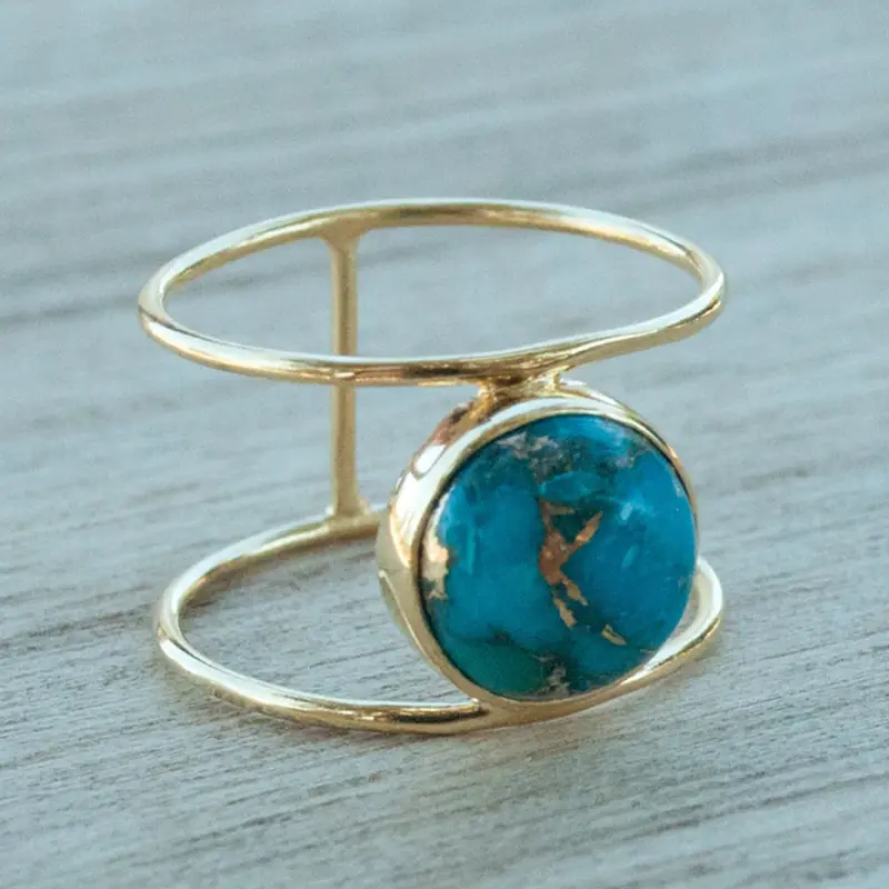 Huitan Boho Style Finger Ring for Women Blue Imitation Turquoise Stone Chic Female Rings Daily Wear Party Statement Jewelry Gift