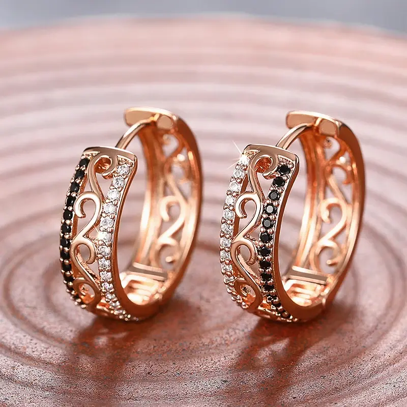 Huitan Fashion Chic Rose Gold Color Hoop Earrings Female Gorgeous Hollow-out Design Accessories for Daily Life Graceful Jewelry