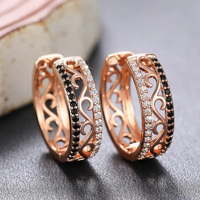 Huitan Fashion Chic Rose Gold Color Hoop Earrings Female Gorgeous Hollow-out Design Accessories for Daily Life Graceful Jewelry