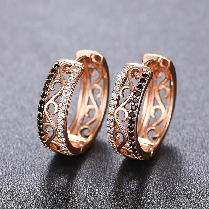 Huitan Fashion Chic Rose Gold Color Hoop Earrings Female Gorgeous Hollow-out Design Accessories for Daily Life Graceful Jewelry