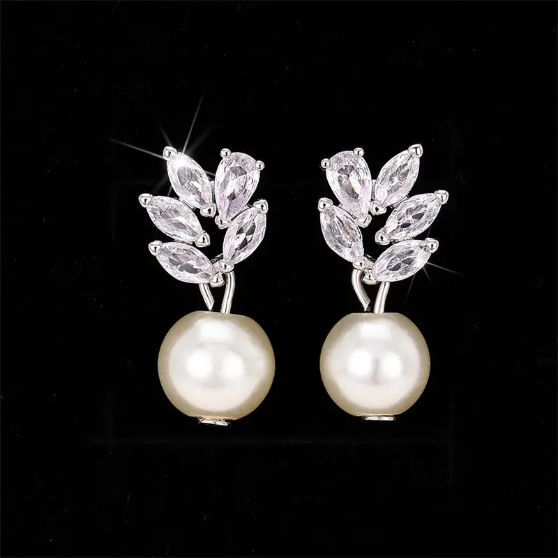 Huitan Dainty Women's Simulated Pearl Earrings Luxury Paved Brilliant CZ Wedding Party Elegant Female Earrings Fashion Jewelry