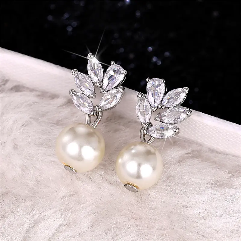 Huitan Dainty Women's Simulated Pearl Earrings Luxury Paved Brilliant CZ Wedding Party Elegant Female Earrings Fashion Jewelry