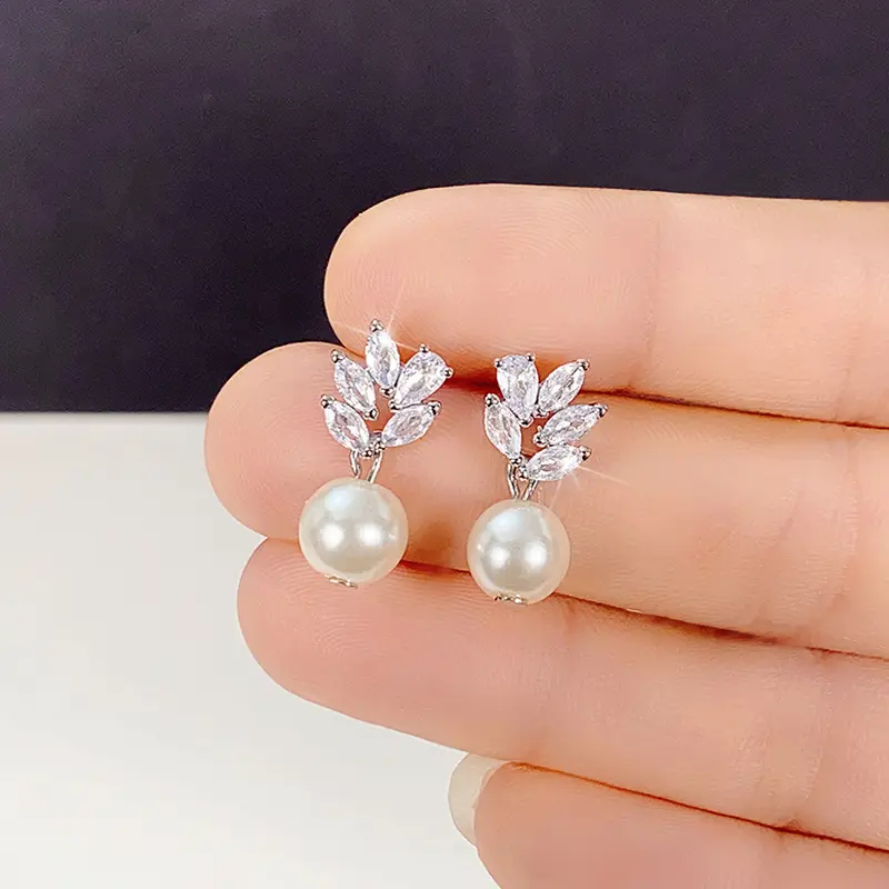 Huitan Dainty Women's Simulated Pearl Earrings Luxury Paved Brilliant CZ Wedding Party Elegant Female Earrings Fashion Jewelry