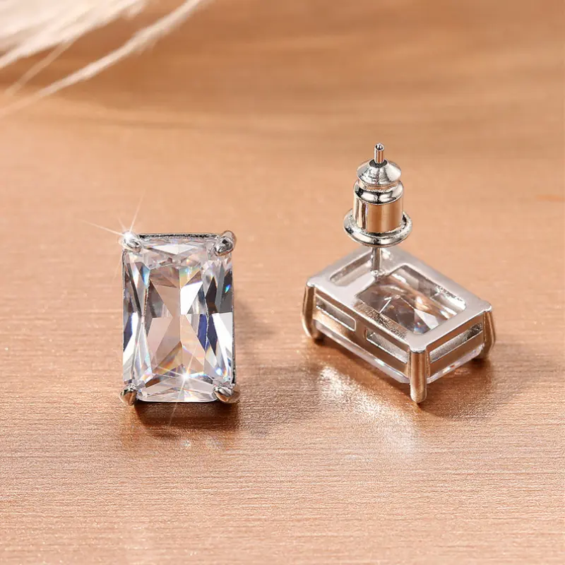 Huitan Fashion Contracted Square CZ Stud Earrings Women Silver Color Ear Piercing Series Accessories Simple Versatile Jewelry