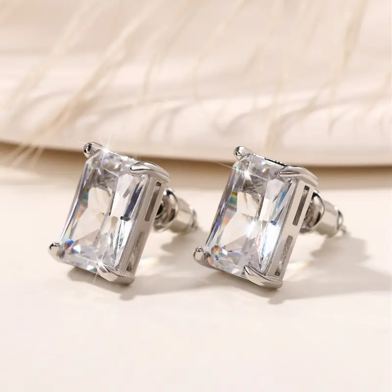 Huitan Fashion Contracted Square CZ Stud Earrings Women Silver Color Ear Piercing Series Accessories Simple Versatile Jewelry