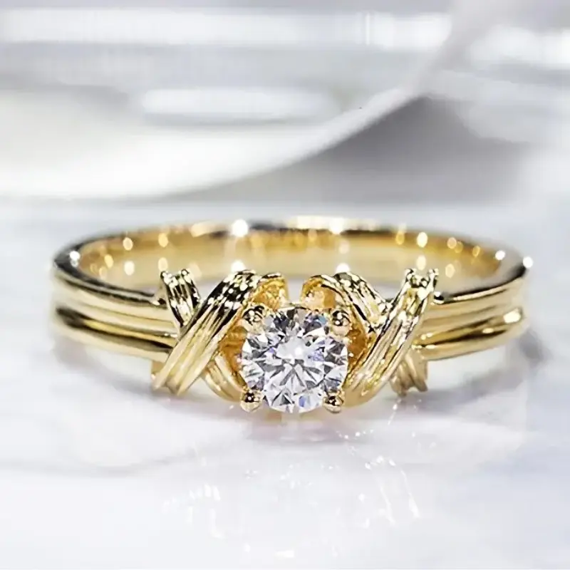 Huitan Newly Designed Cross Rings with Round/Cushion Cubic Zirconia Fashion Contracted Wedding Party Female Gold Color Jewelry