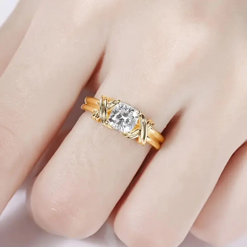 Huitan Newly Designed Cross Rings with Round/Cushion Cubic Zirconia Fashion Contracted Wedding Party Female Gold Color Jewelry