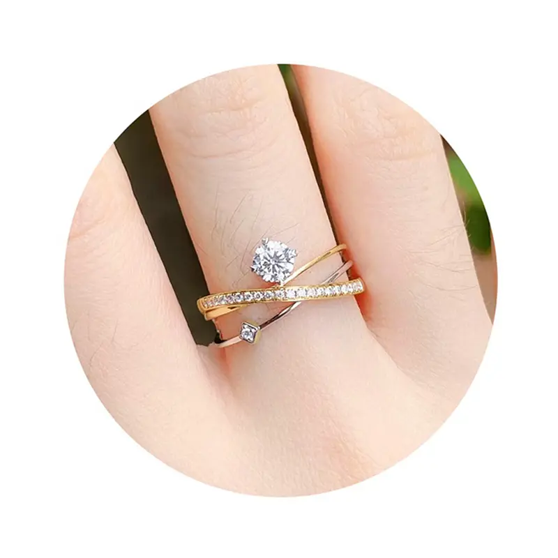Huitan Fashion Gold Color Wedding Ring Women Chic Cross Finger Jewelry with Shiny Crystal Female Delicate daily Accessories