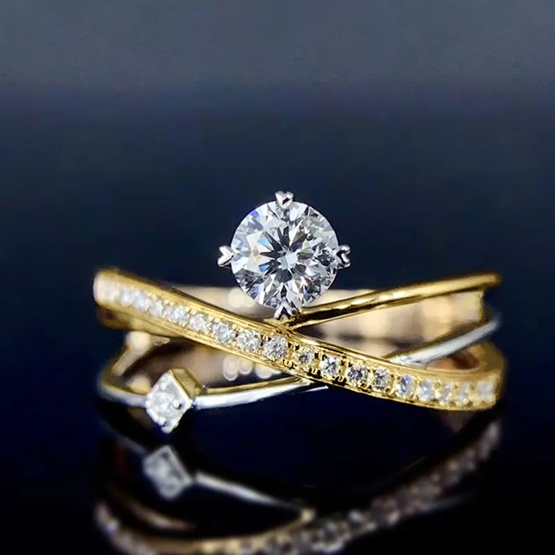 Huitan Fashion Gold Color Wedding Ring Women Chic Cross Finger Jewelry with Shiny Crystal Female Delicate daily Accessories