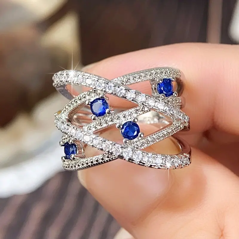 Huitan Fancy Cross Rings for Women Silver Color Full Bling Iced Out Sparkling Cubic Zirconia Ring Party Temperament Lady Jewelry