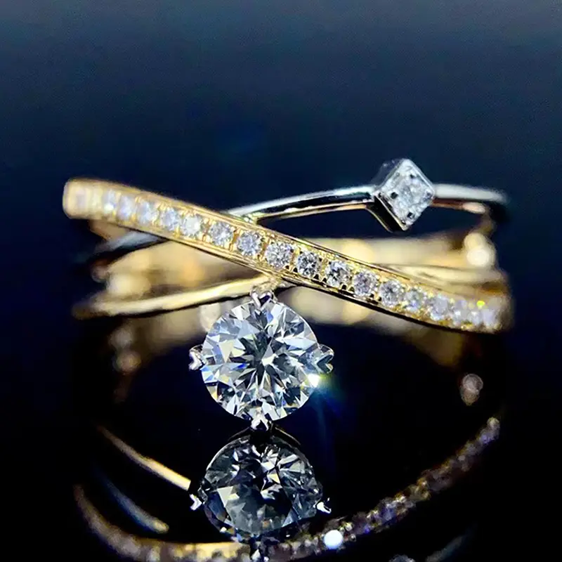 Huitan Fashion Gold Color Wedding Ring Women Chic Cross Finger Jewelry with Shiny Crystal Female Delicate daily Accessories