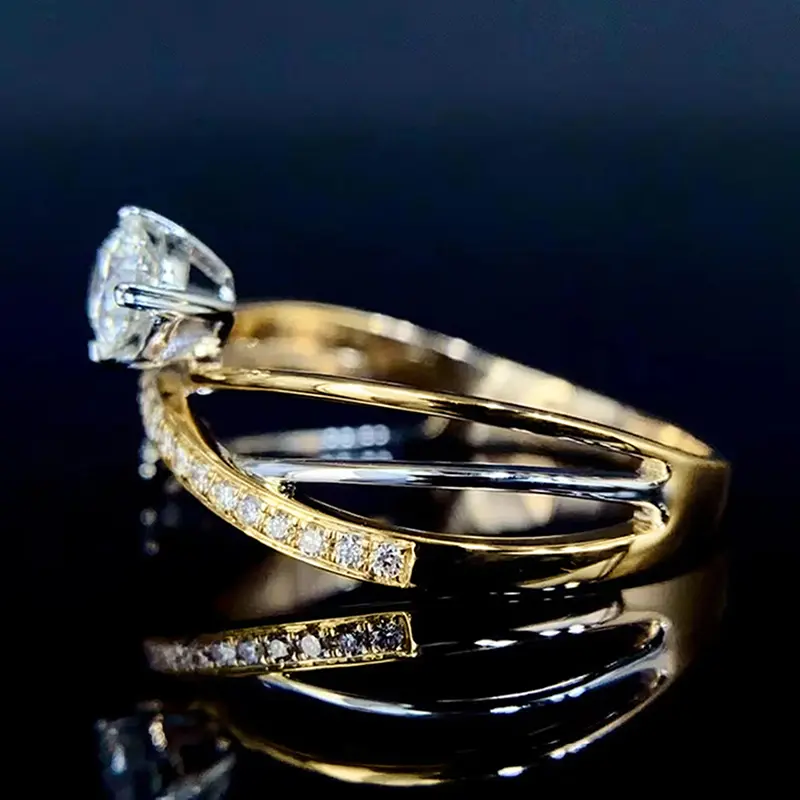 Huitan Fashion Gold Color Wedding Ring Women Chic Cross Finger Jewelry with Shiny Crystal Female Delicate daily Accessories
