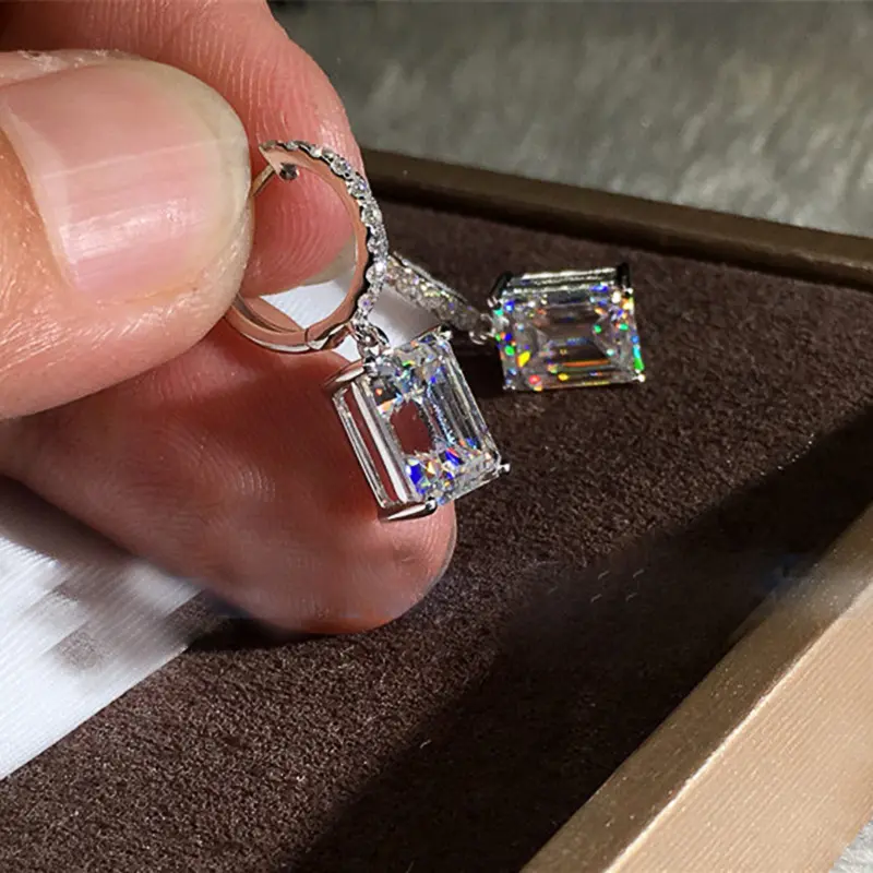 Huitan Classic 4 Claws Square Shape Women Drop Earring with Small Hoop Ladies Earring Shine Cubic Zirconia High Quality Jewelry