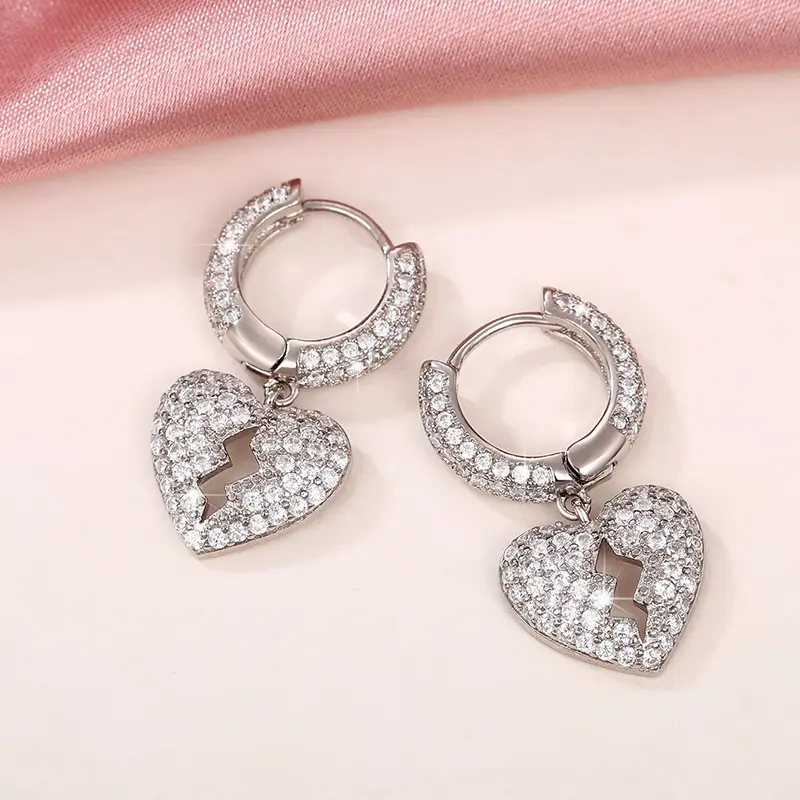 Huitan Men/Women Heart Earrings Silver Color Full Paved CZ Stone Simple Versatile Ear Accessories Couple Love Earrings Jewelry