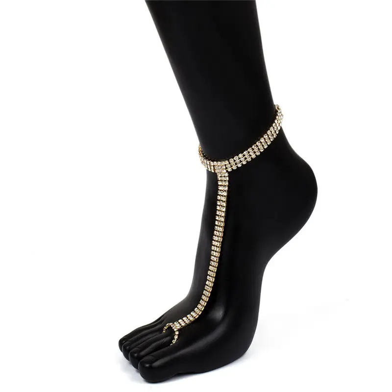 Huitan Hot Trend Rhinestone Toe Loop Anklet for Women Silver Color/Gold Color 1 Piece CZ Ankle Bracelet Barefoot Foot Jewelry