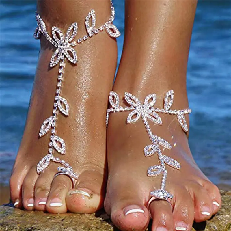 Huitan Hot Trend Rhinestone Toe Loop Anklet for Women Silver Color/Gold Color 1 Piece CZ Ankle Bracelet Barefoot Foot Jewelry