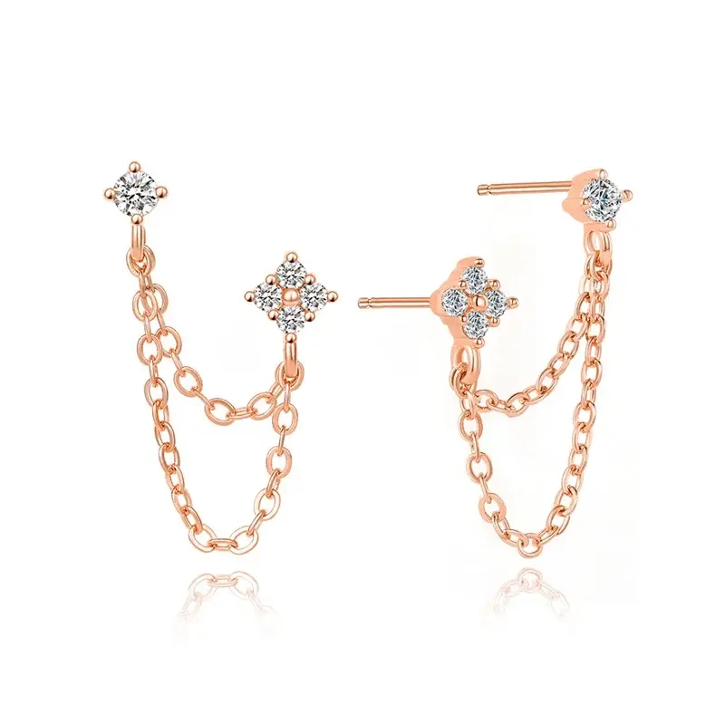 Huitan New Arrival Double Ear Studs Tassel Chains Hanging Earrings for Women Ear Piercing 3 Metal Color Luxury CZ Hot Jewelry