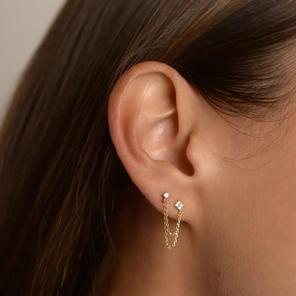 Huitan New Arrival Double Ear Studs Tassel Chains Hanging Earrings for Women Ear Piercing 3 Metal Color Luxury CZ Hot Jewelry