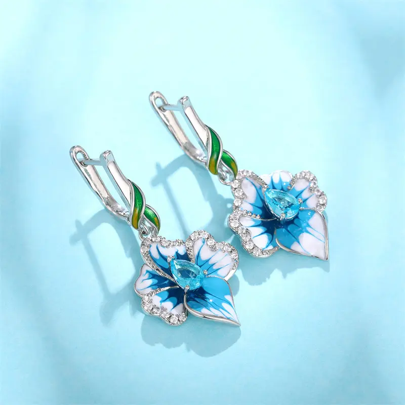 Huitan Handmade Blue Flower Drop Earrings for Women Creative Enamel Design Aesthetic Female Ear Accessories Party Trendy Jewelry