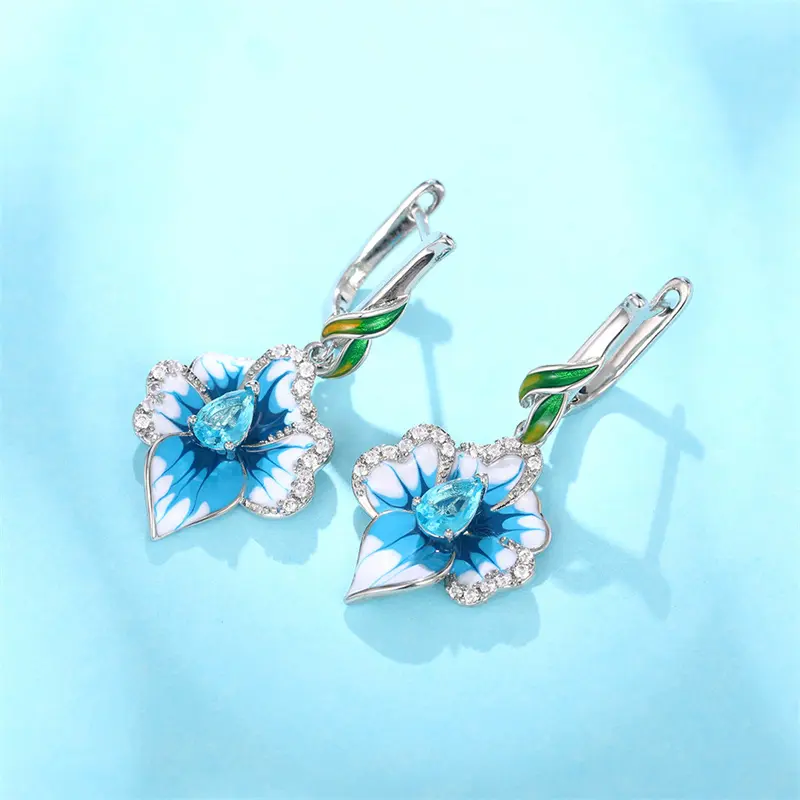 Huitan Handmade Blue Flower Drop Earrings for Women Creative Enamel Design Aesthetic Female Ear Accessories Party Trendy Jewelry