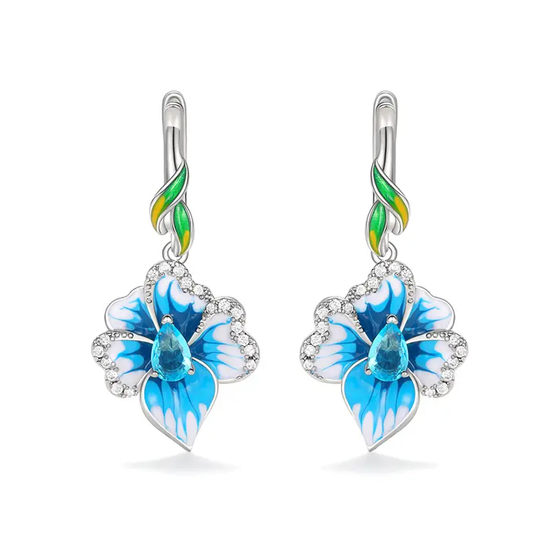 Huitan Handmade Blue Flower Drop Earrings for Women Creative Enamel Design Aesthetic Female Ear Accessories Party Trendy Jewelry