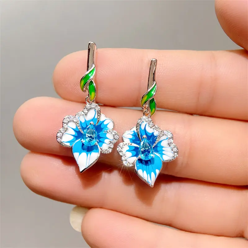 Huitan Handmade Blue Flower Drop Earrings for Women Creative Enamel Design Aesthetic Female Ear Accessories Party Trendy Jewelry