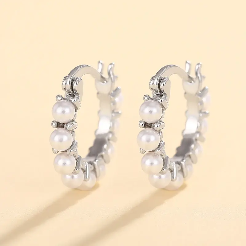 Huitan Graceful Simulate Pearl Hoop Earrings for Women Elegant Silver Color Accessories Delicate Daily Wearable Jewelry Gifts