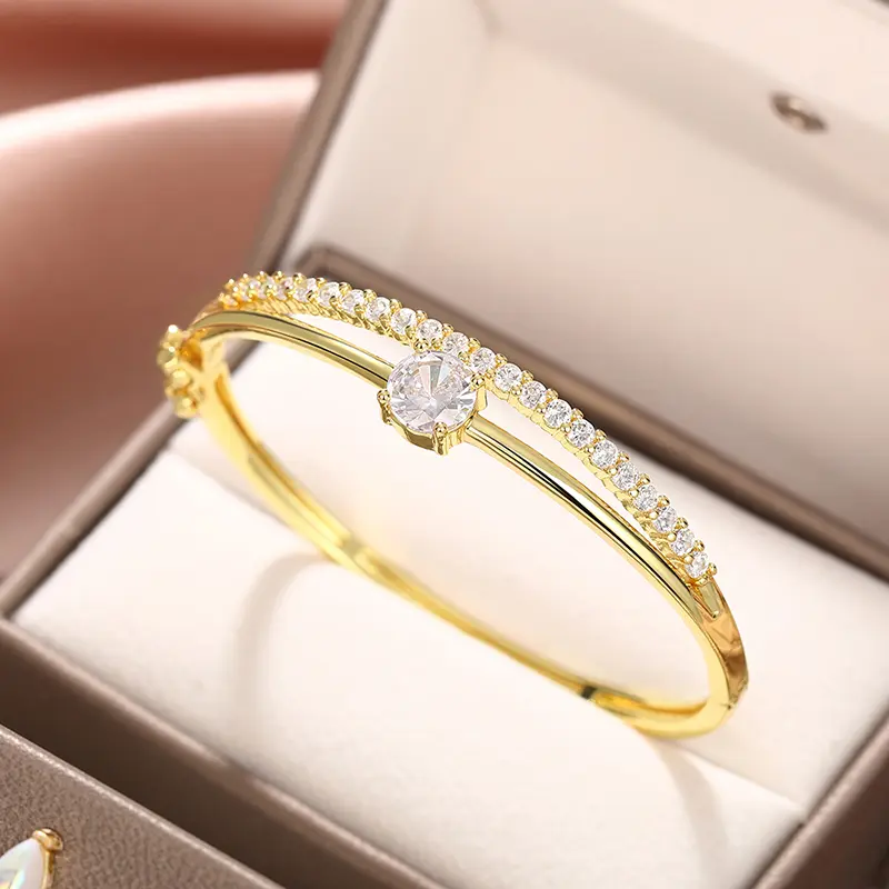 Huitan Chic Double Lines Design Bangle for Women Luxury Silver Color/Gold Color Cubic Zircon Hand Bangles Statement Girl Jewelry