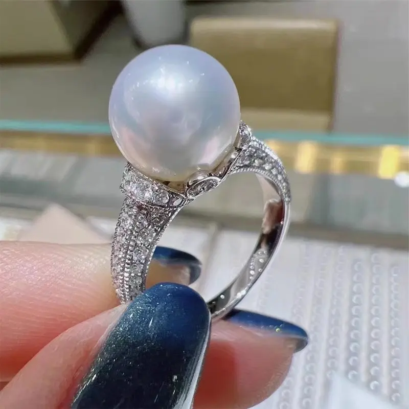Huitan Round Simulated Pearl Rings Full with Dazzling Cubic Zirconia Temperament Elegant Women Wedding Jewelry Drop Shipping