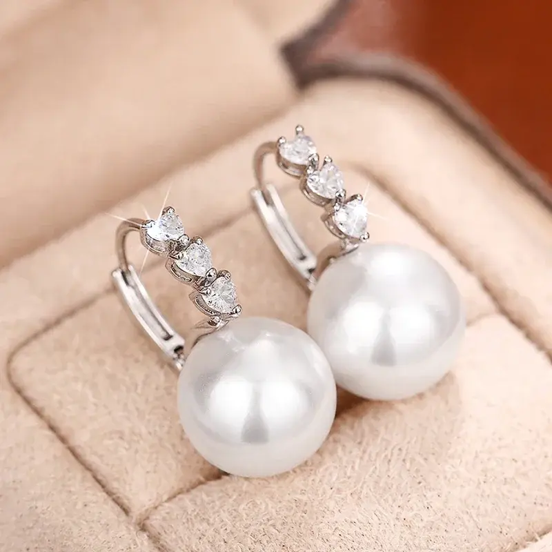 Huitan Delicate Simulated Pearl Drop Earrings Lady Engagement Accessories Bright Cubic Zirconia Jewelry for Wedding Ceremony