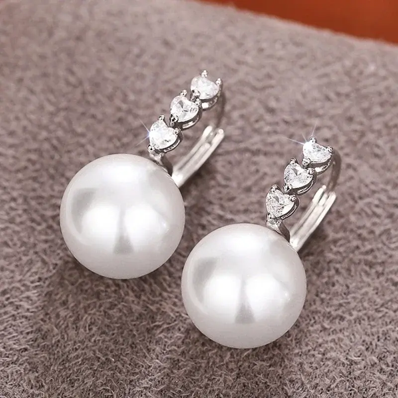 Huitan Delicate Simulated Pearl Drop Earrings Lady Engagement Accessories Bright Cubic Zirconia Jewelry for Wedding Ceremony