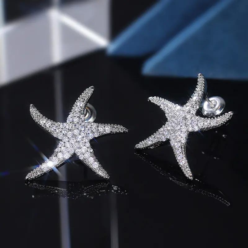 Huitan Luxury Silver Color Starfish Stud Earrings Women Micro Paved CZ Crystal Five-pointed Star Statement Jewelry Drop Shipping